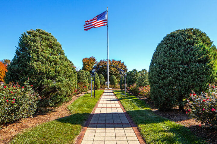 A paved walkway lined with trimmed bushes leads to an American flag on a flagpole under a clear blue sky.
