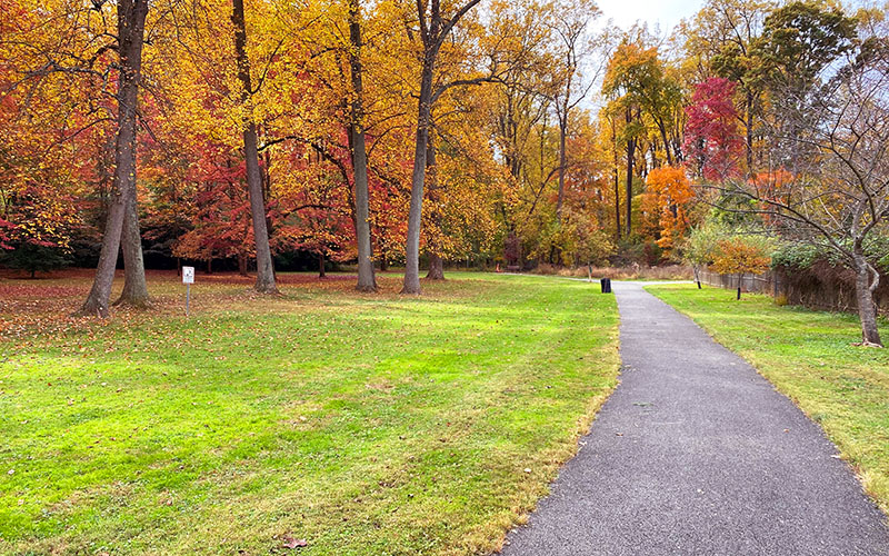 A paved walking path runs through a park with green grass and trees displaying autumn foliage in red, orange, and yellow tones.