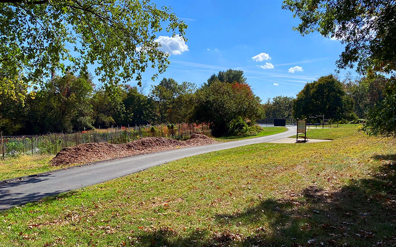 A paved path curves through a grassy park area with trees and a small sign under a sunny blue sky.