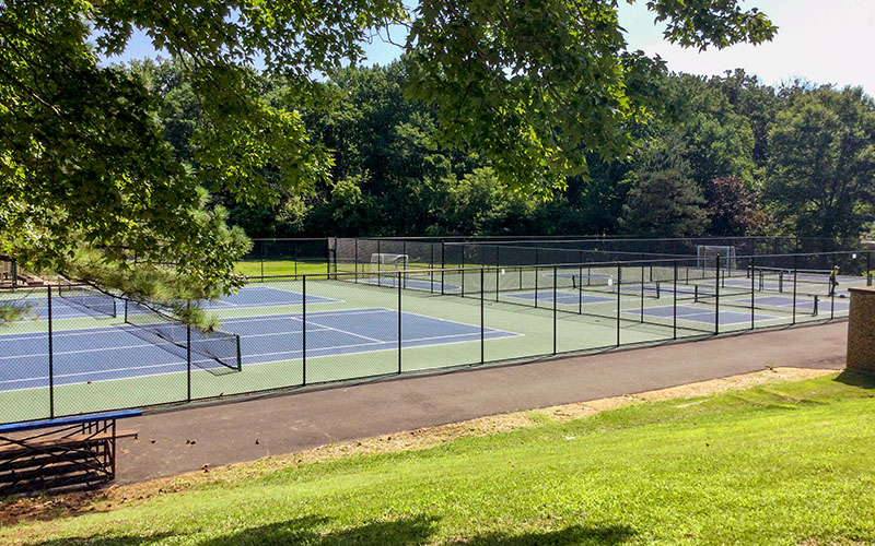 Multiple fenced tennis courts are shown outdoors, surrounded by trees and grass under a clear sky.