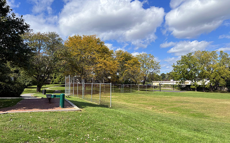 A grassy park with a fenced area, scattered trees with autumn foliage, a paved path, and green trash bins under a partly cloudy sky.