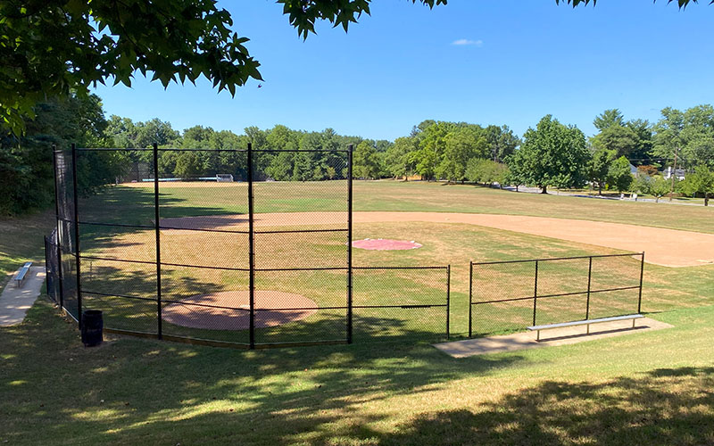 A baseball field with empty bleachers, surrounded by grass and trees under a clear blue sky.