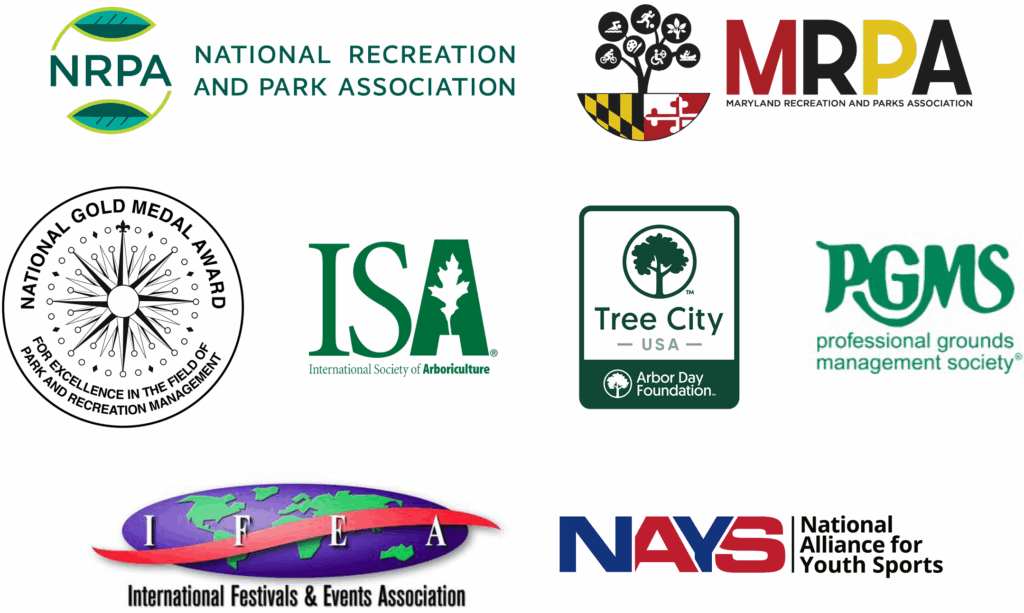 A collection of eight organizational logos related to parks, recreation, landscaping, arboriculture, events, and youth sports.