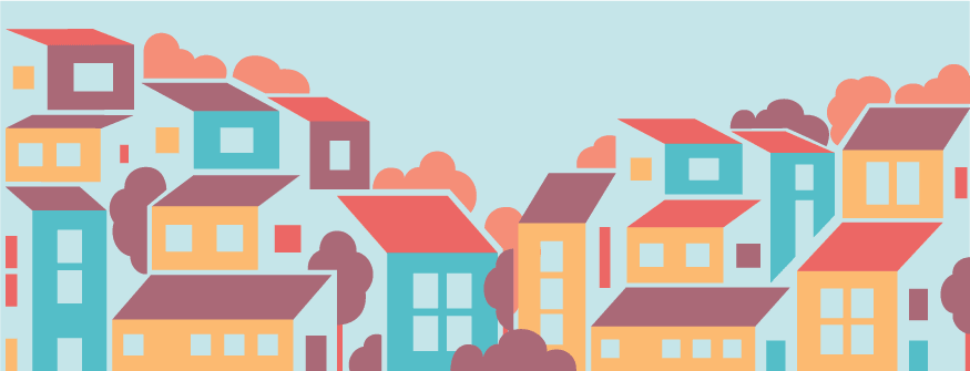 Illustration of colorful, stylized houses with red roofs and yellow, blue, and purple walls, set against a light blue sky with abstract clouds.