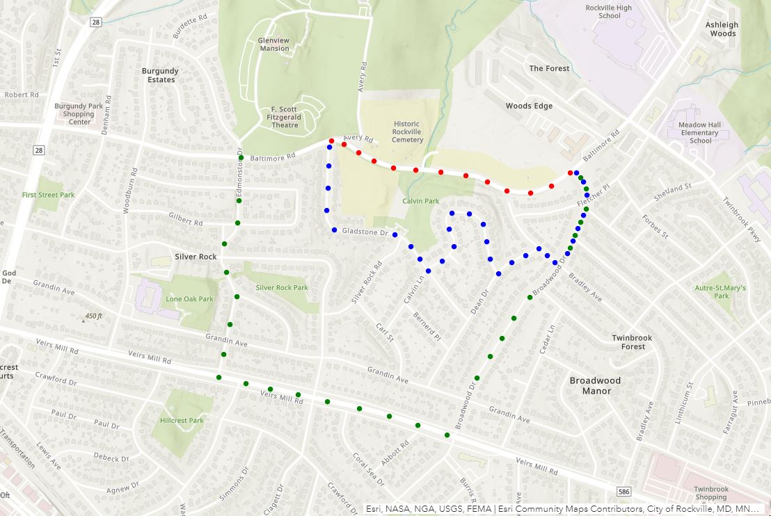 A map of detours around the Baltimore Road construction closure shows red dots marking the closed portion of the road, blue dots marking the pedestrian detour and green dots marking the vehicular detour.