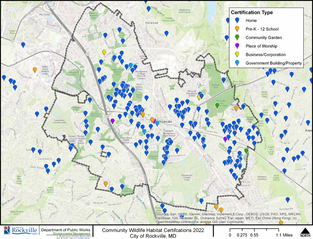 Map of Rockville, MD showing locations of community wildlife habitat certifications in 2022, categorized by type: home, school, garden, place of worship, business, and government property.