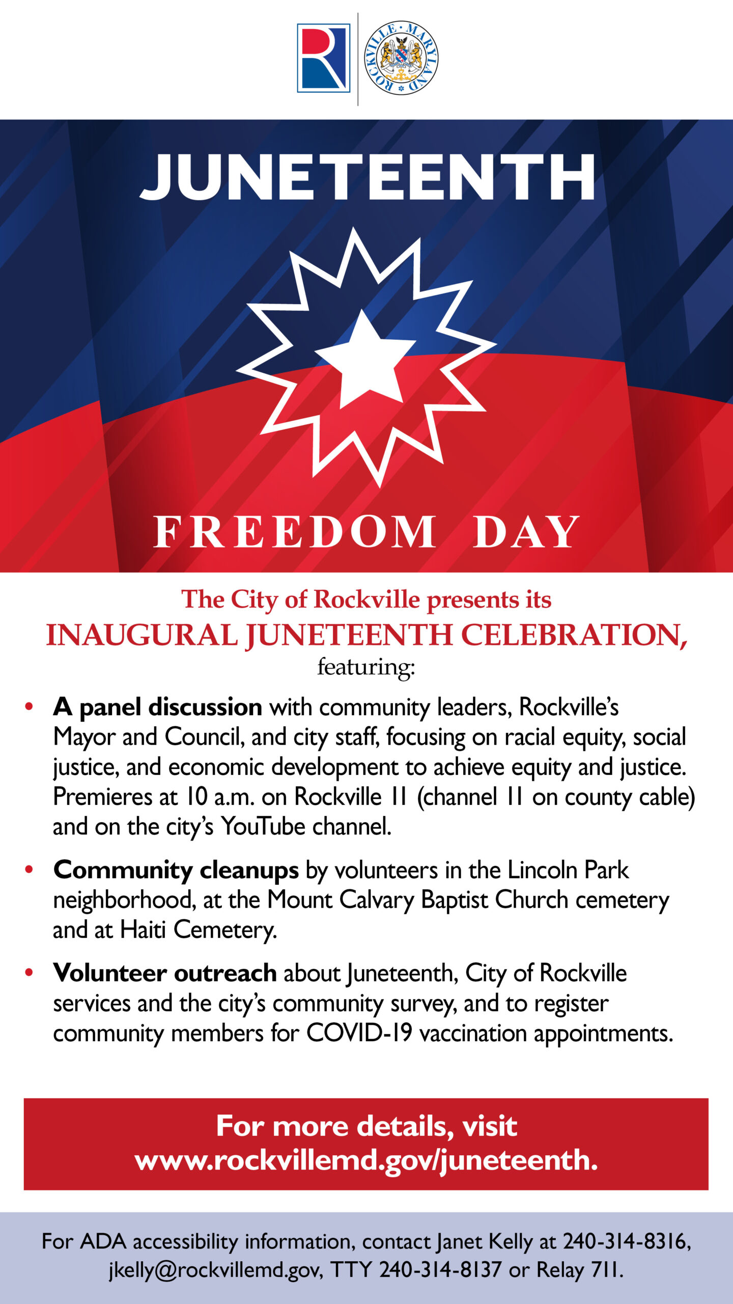 Juneteenth Freedom Day flier featuring Juneteenth red and blue flag with star and event listings.