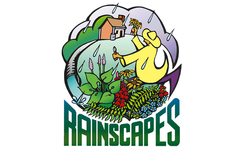 Illustration of a person gardening near a house with flowers, greenery, and rain; the word "RAINSCAPES" appears at the bottom.