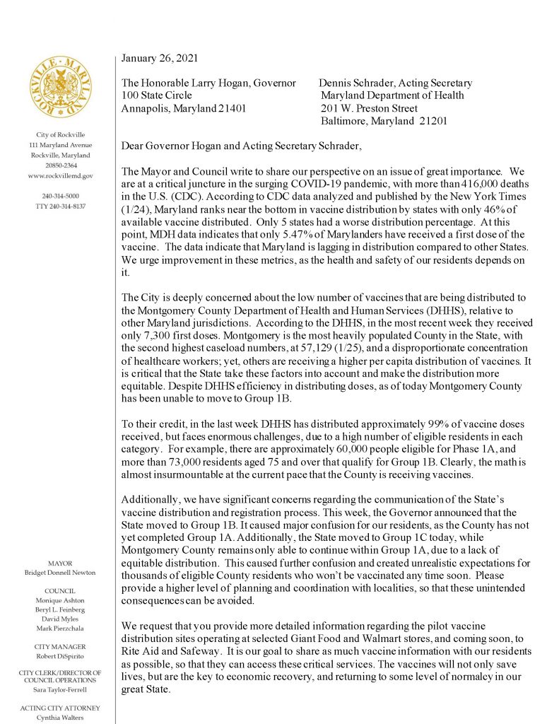 Mayor and Council vaccine distribution letter to the state.