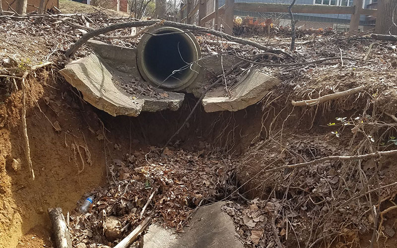 A large concrete drainage pipe is exposed on a steep eroded slope, surrounded by fallen leaves, branches, and cracked soil.