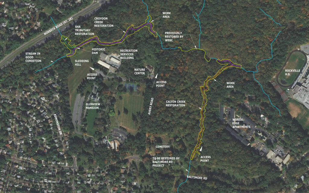 Aerial map showing creek restoration work areas, access points, landmarks, residential areas, and labeled trails through a wooded park setting.