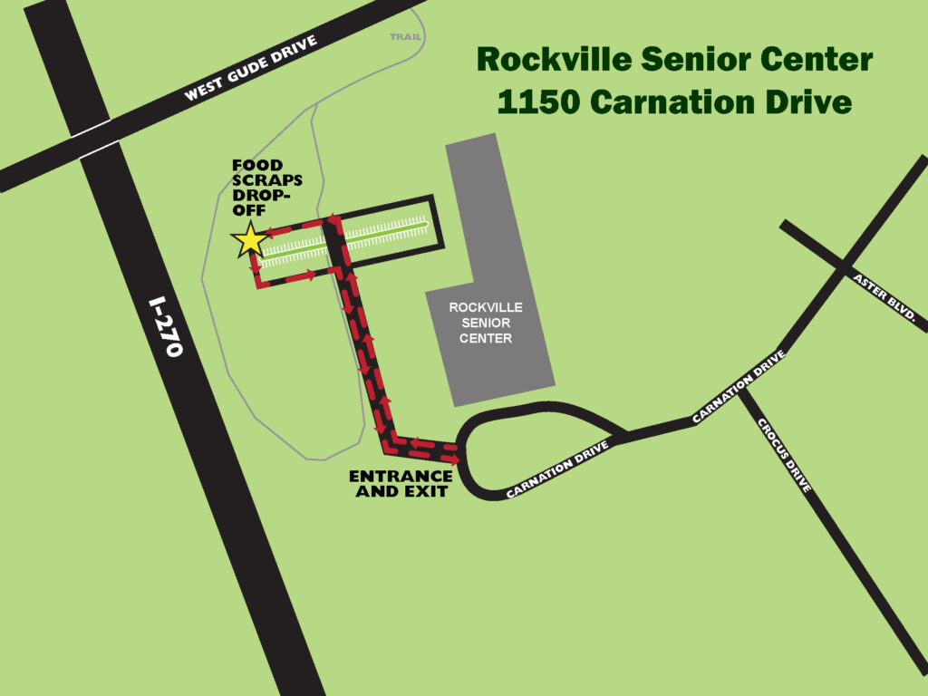 Map showing the route to the food scraps drop-off point at Rockville Senior Center, 1150 Carnation Drive, with entrance and exit directions marked.