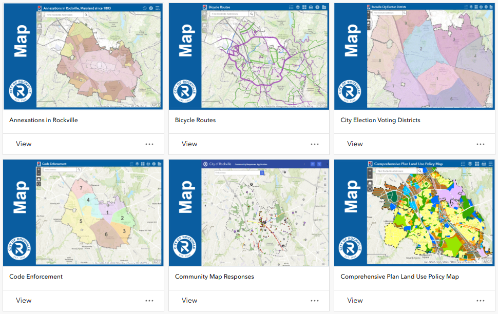Six map thumbnails display different topics: annexations, bicycle routes, voting districts, code enforcement, community responses, and land use policy for the city of Rockville, Maryland.