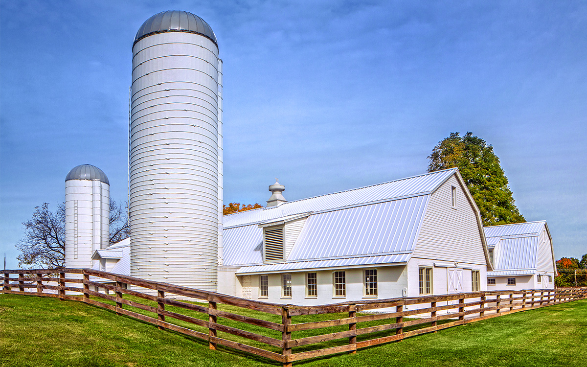 A white barn with two tall silos and a wooden fence sits on a green lawn under a clear blue sky. A white barn with two tall silos and a wooden fence sits on a green lawn under a clear blue sky.