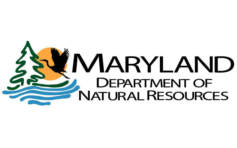 Logo for the Maryland Department of Natural Resources, featuring a tree, a heron, a sun, and blue waves next to the agency name in bold text.