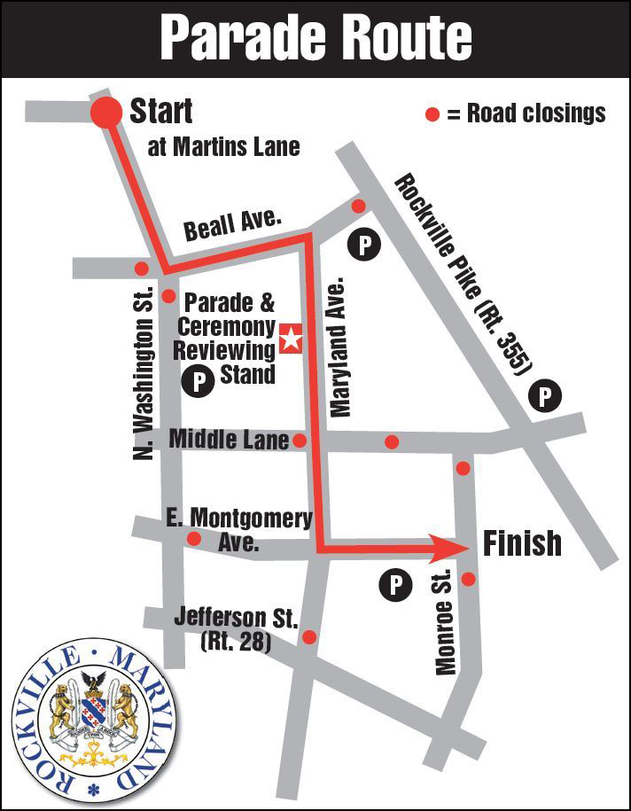 Map of the Rockville, Maryland parade route, starting at Martins Lane, passing key streets and closing at Monroe St., with road closures and parking locations marked.
