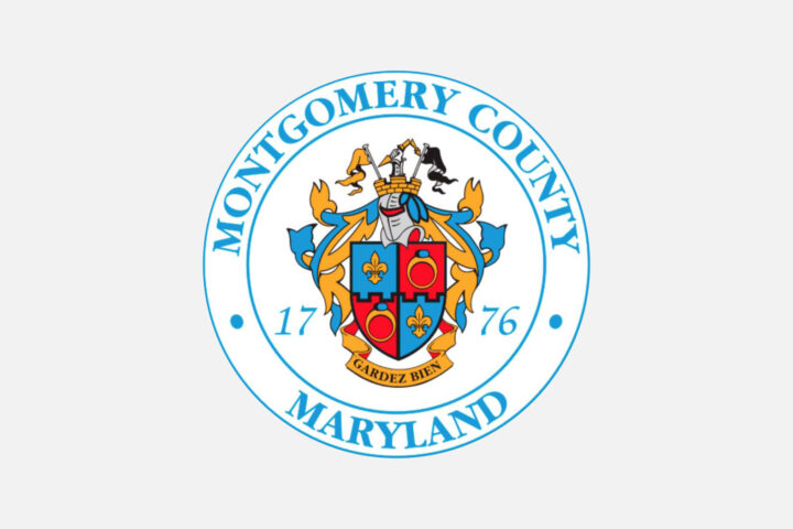 Montgomery County, Maryland seal featuring a shield with gold fleur-de-lis, rings, a knight's helmet, and the motto 