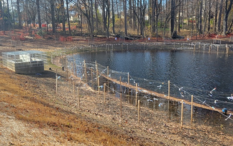 A small pond surrounded by posts with wires, a fenced structure on the left, and trees without leaves in the background.