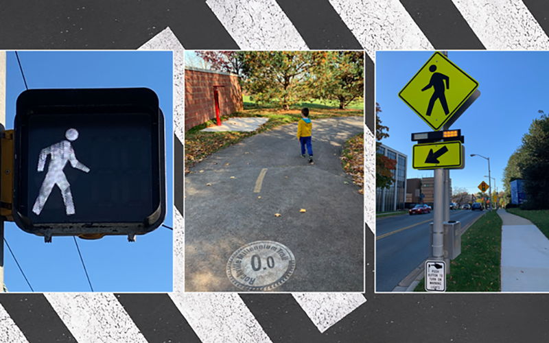 A collage shows a walk signal, a person walking on a path, and pedestrian crossing signs by a street under a clear blue sky.