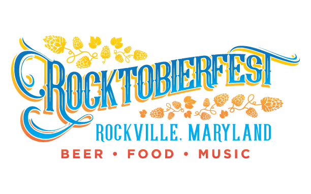 Rocktoberfest logo with yellow hops, "Rockville, Maryland" text, and "Beer • Food • Music" in red below.
