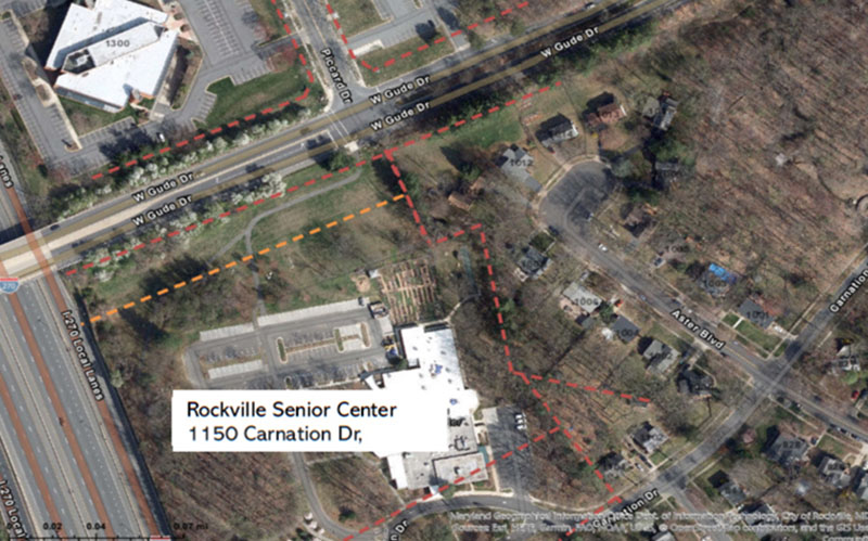 Aerial map view showing Rockville Senior Center at 1150 Carnation Dr, with nearby roads, buildings, and property boundaries outlined in red and yellow dashed lines.