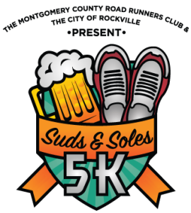 Logo for "Suds & Soles 5K" featuring a beer mug and a pair of running shoes, with an orange ribbon and green background elements.