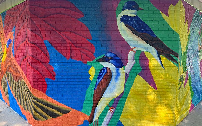 A colorful mural on a brick wall depicting two blue and white birds perched on branches with large, vibrant leaves in the background.