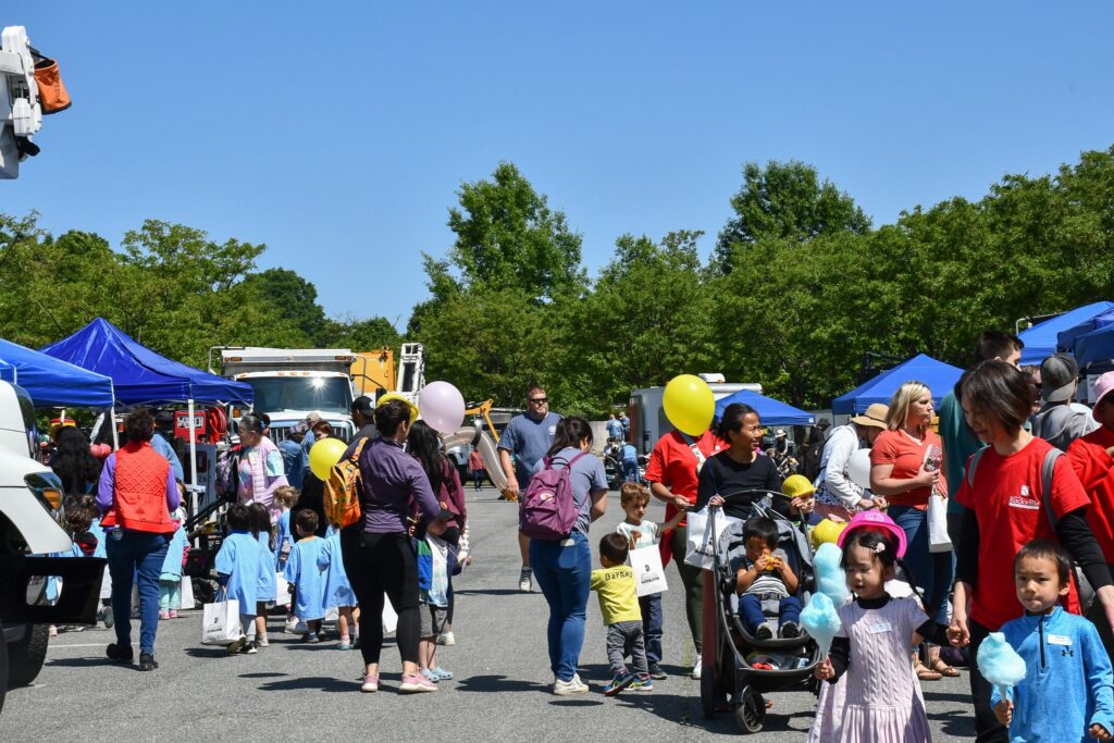 People enjoying equipment show