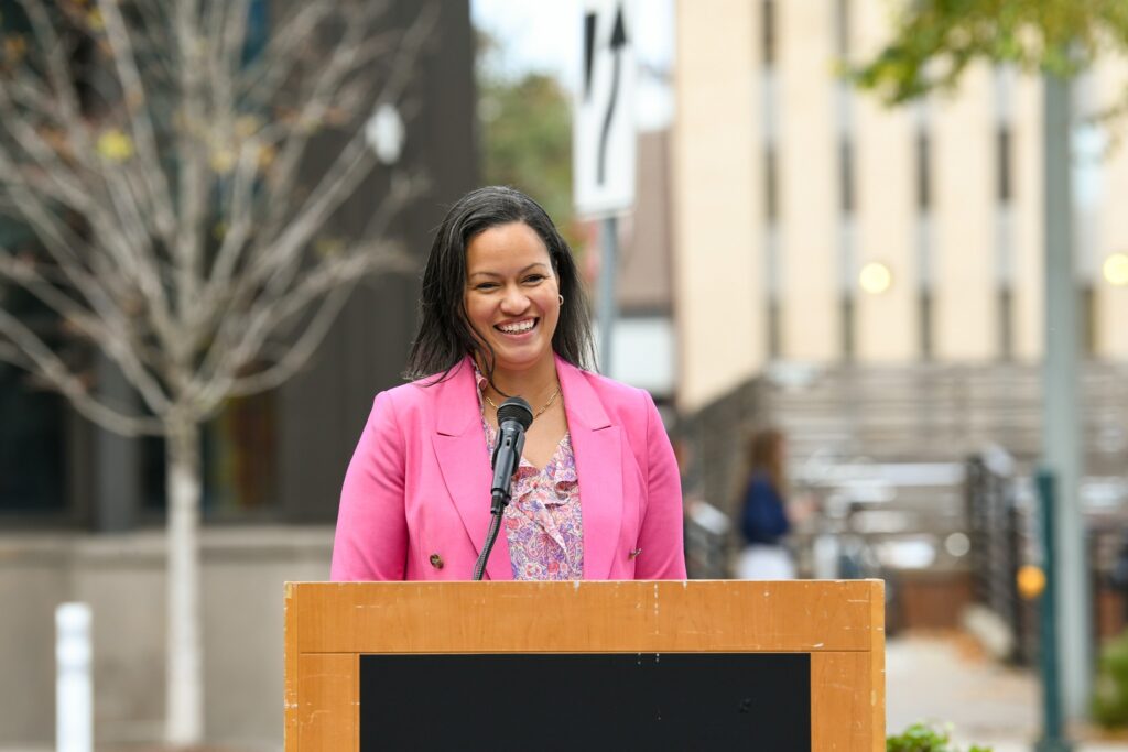 Mayor Monique Ashton speaking at podium