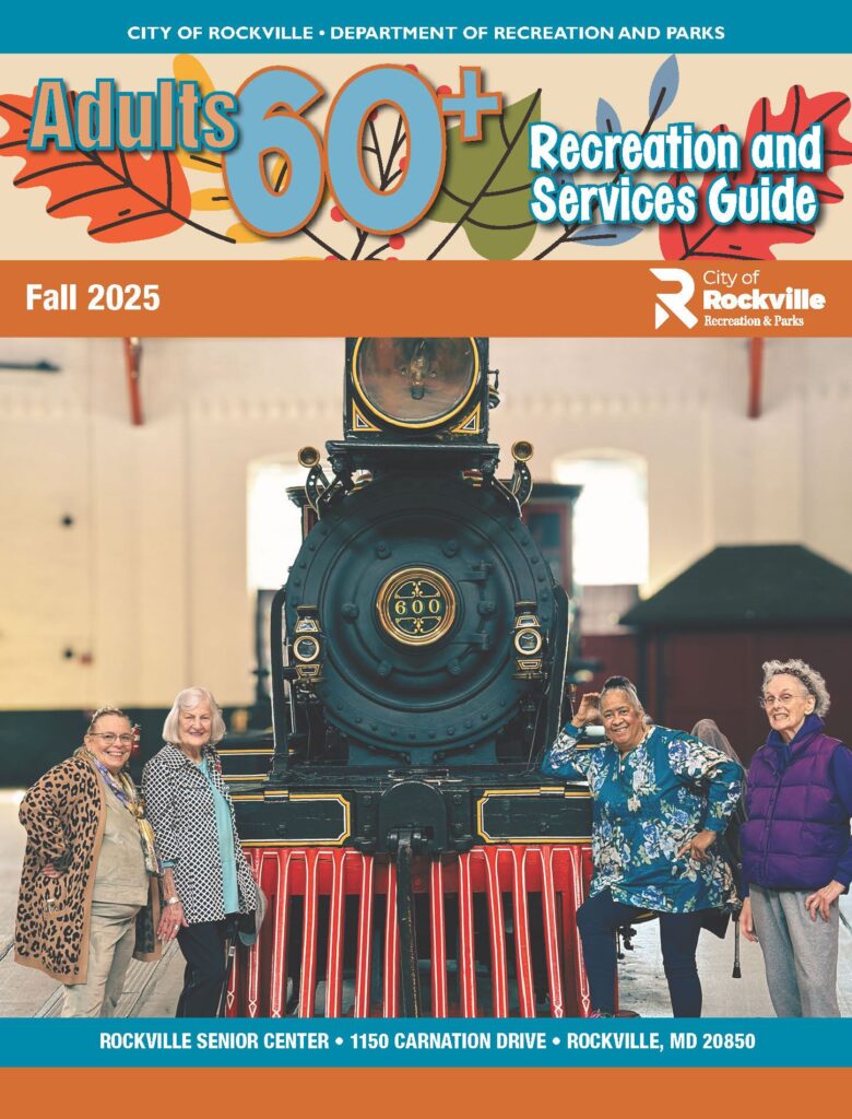 Five older adults stand and smile in front of a historic steam locomotive inside a train station. The image is the cover of a recreation guide for adults aged 60 and over.