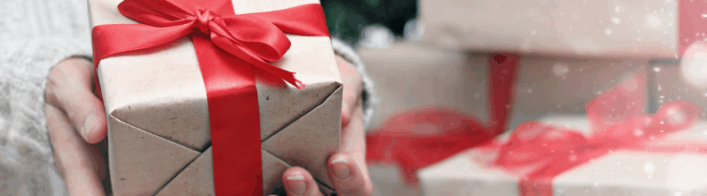 Person holding holiday gift with red bow.