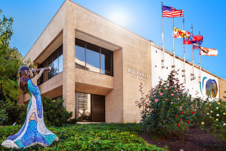 A modern brick building labeled