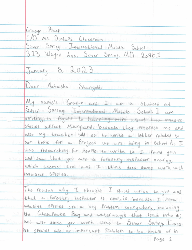 Letter from student to Natasha Shangold