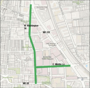 Image depicts North Washington Street and East Middle Lane, the two roads affected by construction, in Downtown Rockville.