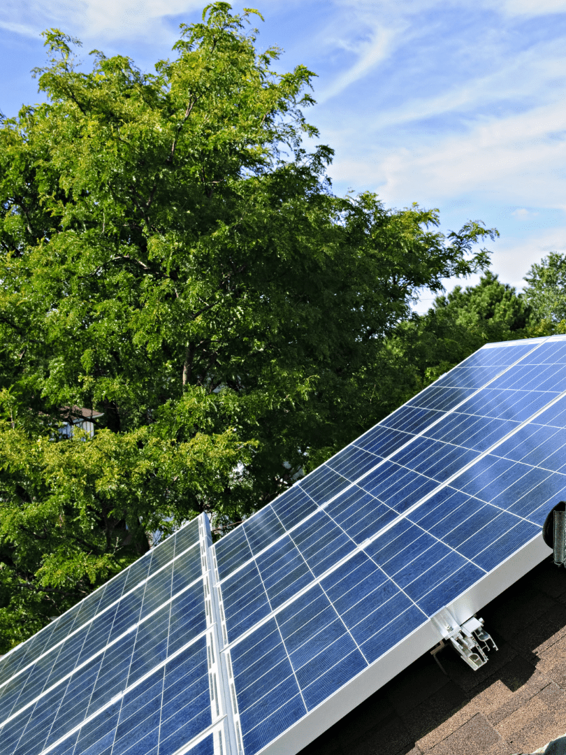 Solar panels on a roof with trees in the background