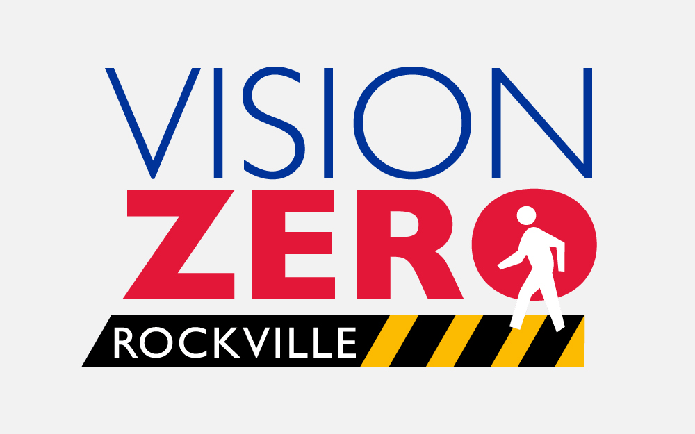 Vision Zero Rockville logo with large text and a walking pedestrian icon inside the letter "O," plus a black and yellow striped bar.