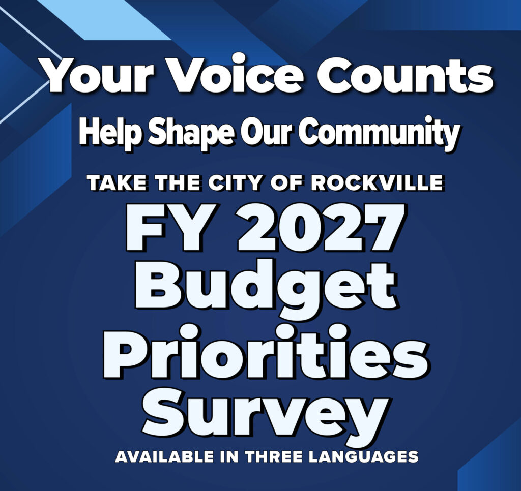 Announcement for the City of Rockville FY 2027 Budget Priorities Survey, available in three languages, with website link for more information.