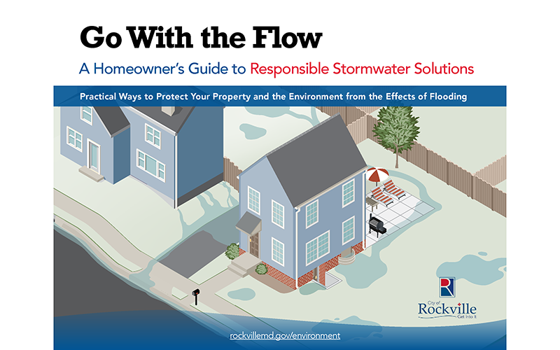 Illustration of suburban homes with water flow indications, promoting a guide for responsible stormwater solutions by the City of Rockville.