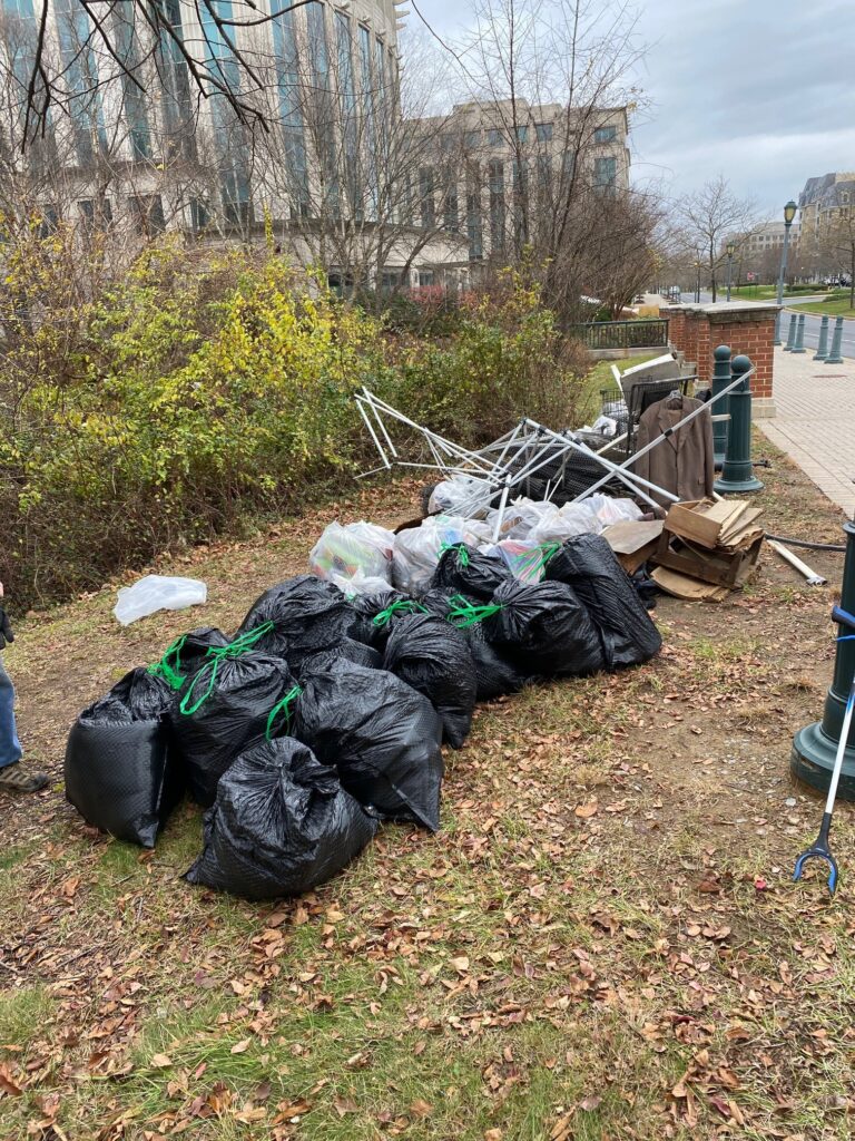 Bags of trash cleaned up from the stream valley areas of King Farm by local scouts