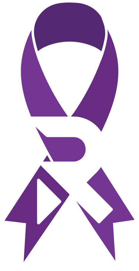 A stylized purple awareness ribbon featuring a bold white letter "R" integrated into its design.