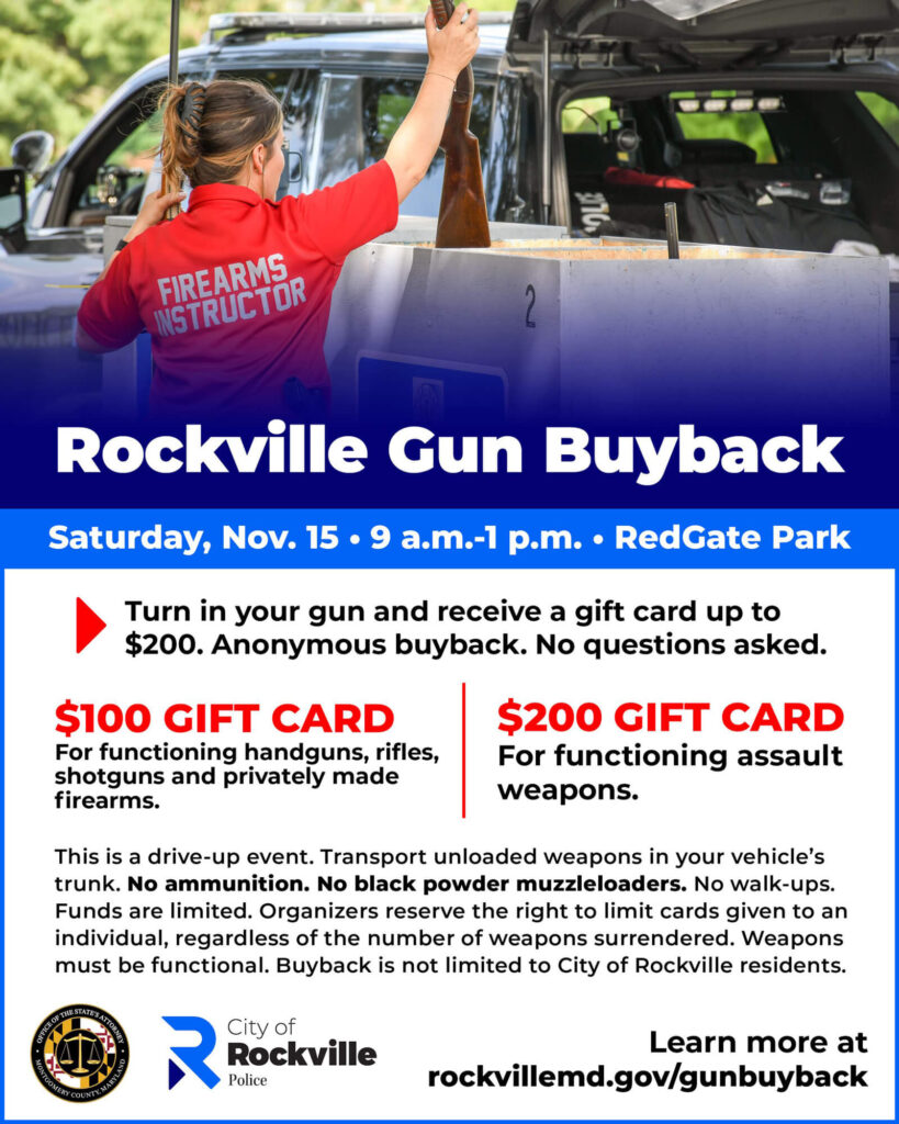 Flyer for the Rockville Gun Buyback event on Saturday, Nov. 15, offering gift cards up to $200 for firearms, with details on location, eligibility, and instructions.