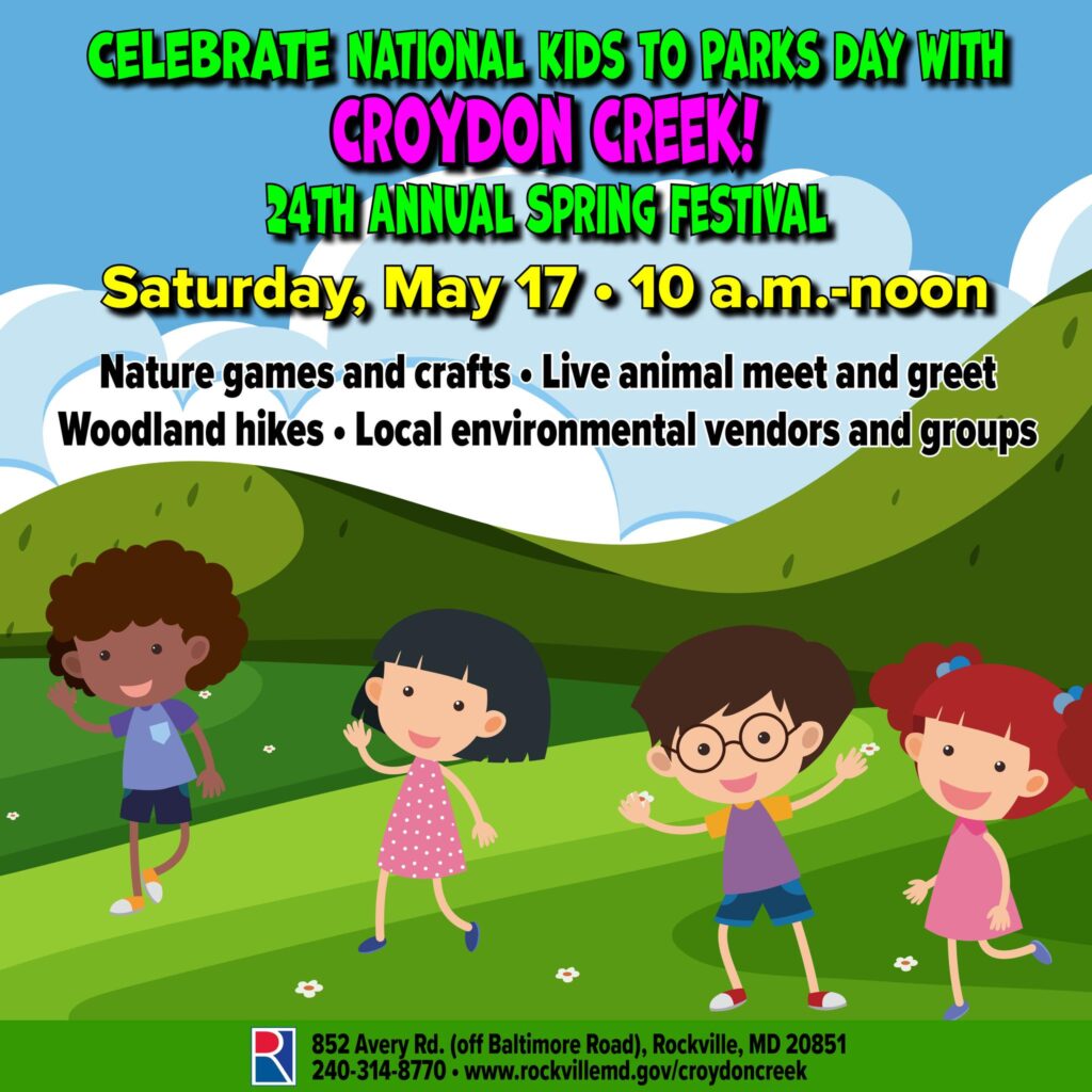 Four cartoon children play on grass with trees in the background. Event details for Croydon Creek Spring Festival are displayed above them in colorful text.