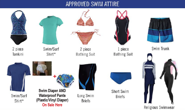A display of approved swim attire, including various swimsuits, swim shirts, swim trunks, briefs, swim diapers, and religious swimwear options.