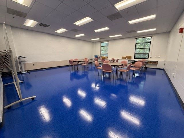 A room with blue floor and chairs.