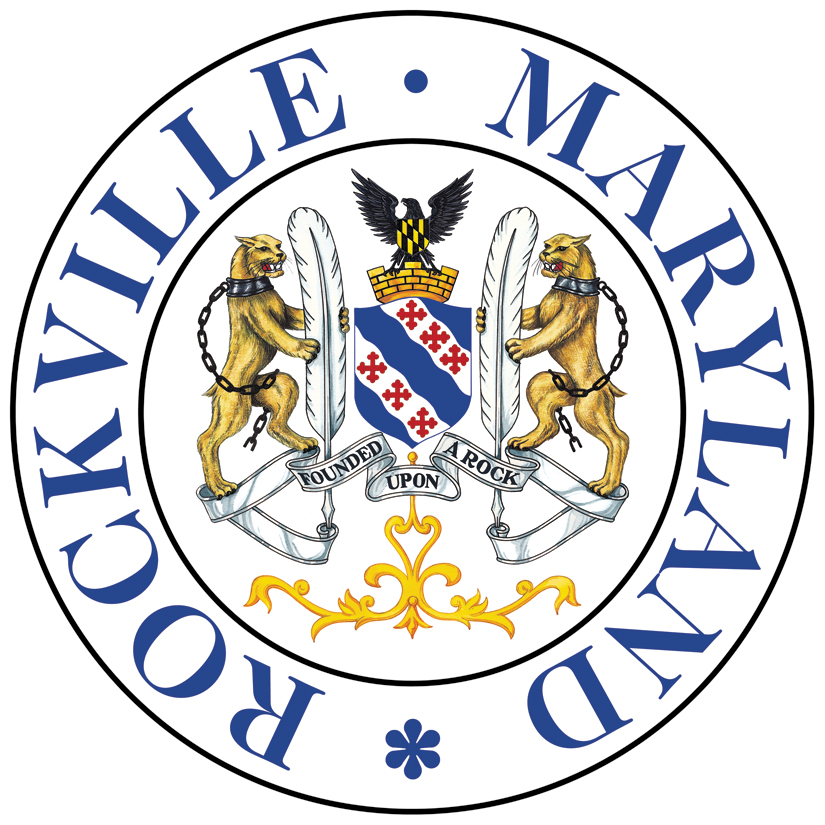 Seal of Rockville, Maryland, featuring two bears holding quills, a crest with a cross and eagle, and the motto "Founded Upon a Rock." Blue text reads "Rockville Maryland" in a circular layout.