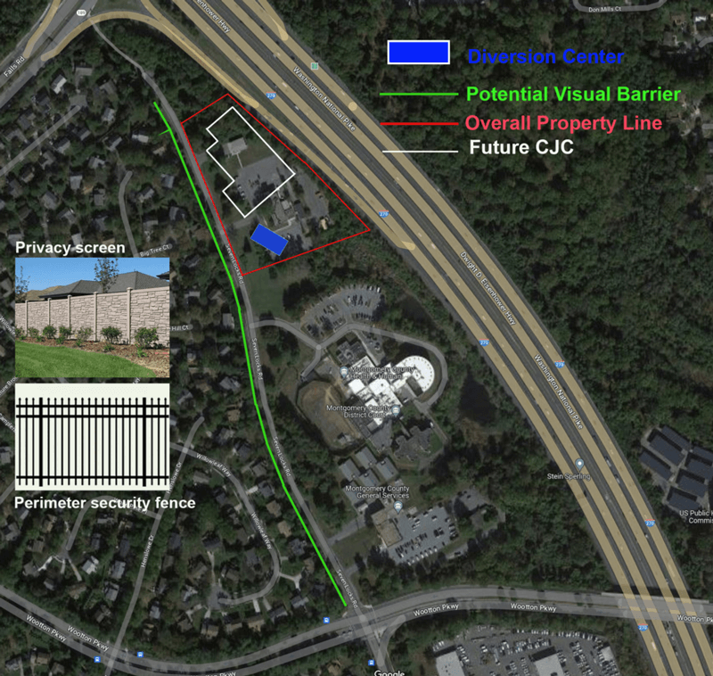 Aerial map showing proposed locations for a diversion center, visual barrier, property line, and future CJC, with inset images of a privacy screen and a perimeter security fence.