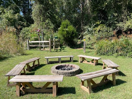 Six wooden benches arranged in a circle around a stone fire pit in a grassy outdoor area, surrounded by trees and tall grass.