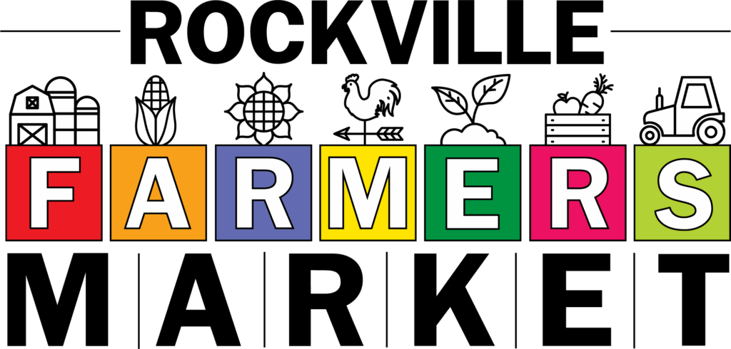Logo for Rockville Farmers Market featuring farm-themed icons above colorful blocks spelling "FARMERS," with "ROCKVILLE" and "MARKET" in bold black letters.