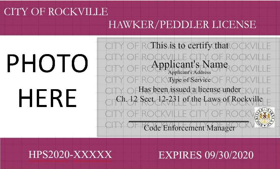 Sample City of Rockville Hawker/Peddler License with space for a photo, applicant’s name, license number, expiration date, and city seal visible.
