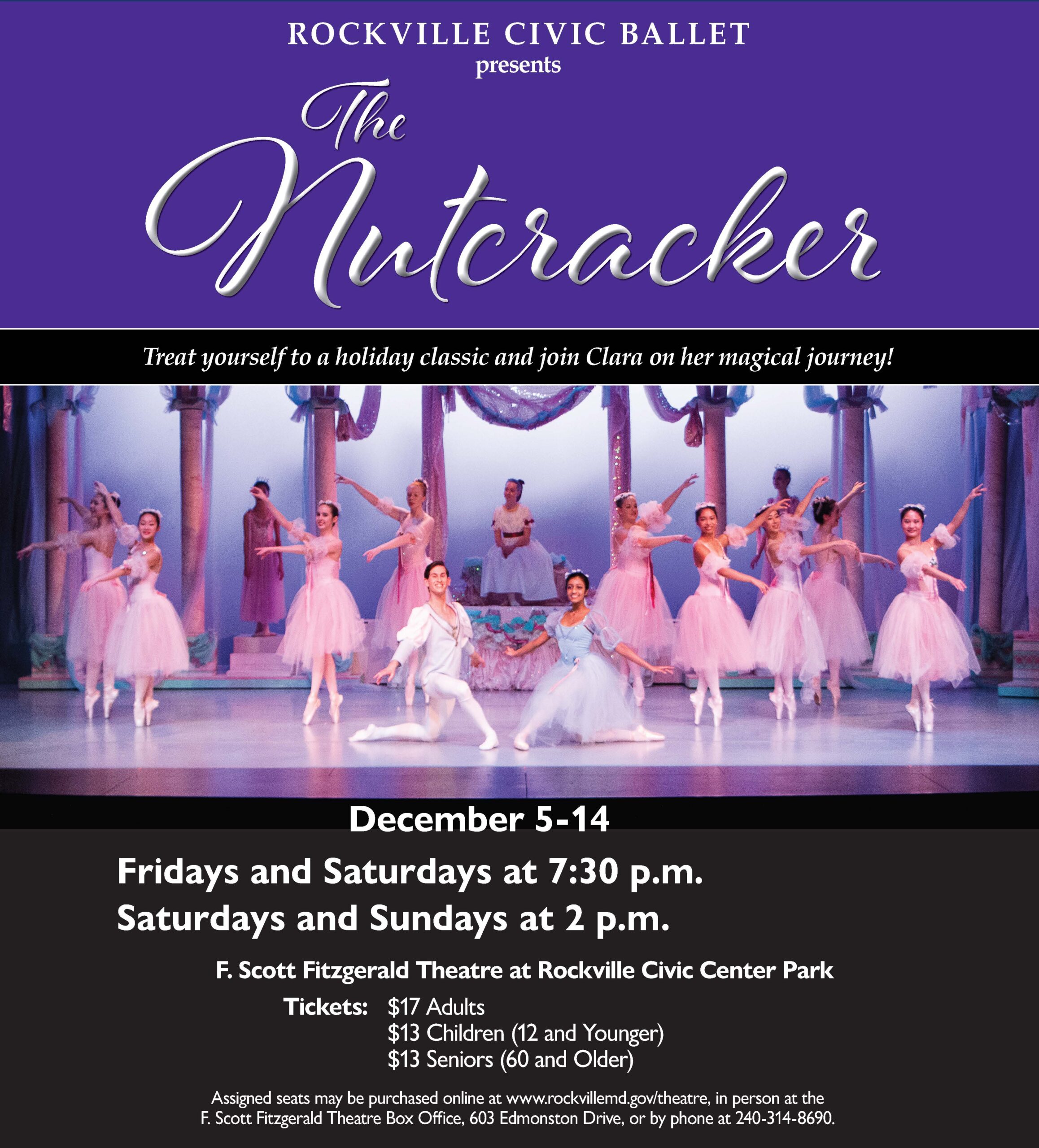Ballet dancers perform on stage in pink costumes, advertising Rockville Civic Ballet's